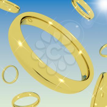 Gold Rings Falling From the Sky Representing Love Engagement Or Marriages