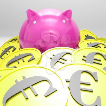 Piggybank Surrounded In Coins Showing European Incomes And Wealth