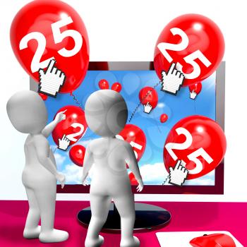 Number 25 Balloons from Monitor Showing Internet Invitation or Celebration