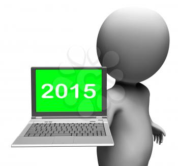 Two Thousand And Fifteen Character And Laptop Showing New Year 2015