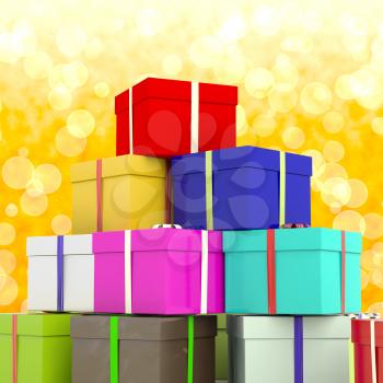 Multicolored Giftboxes  With Yellow Bokeh Background As Presents For Family