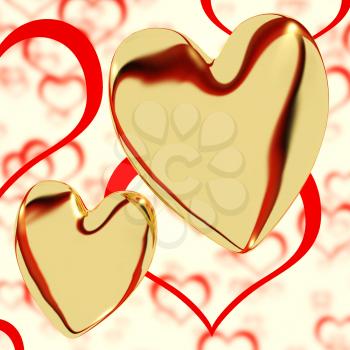 Gold Hearts On A Heart Background Showing Love Romance And Romantic Feeling