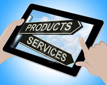 Products Services Tablet Showing Business Merchandise And Service