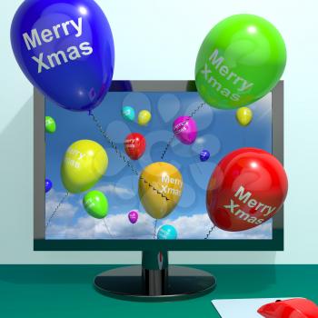 Colorful Balloons With Merry Xmas From Computer Screen For Online Greeting