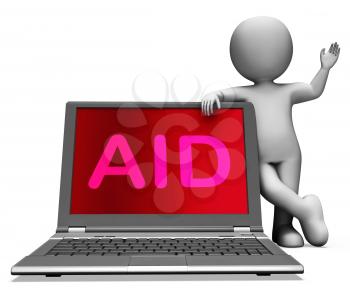 Aid And Character Laptop Showing Assisting Aiding Helping Or Relief