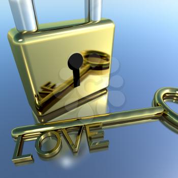Padlock With Love Key Showing Romance Valentines Or Lovers 