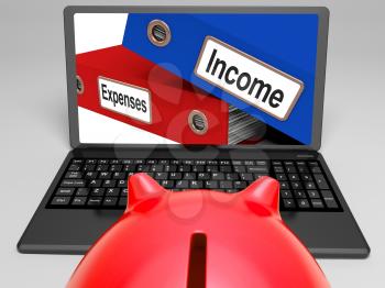 Incomes And Expenses Files On Laptop Showing Earnings And Balance
