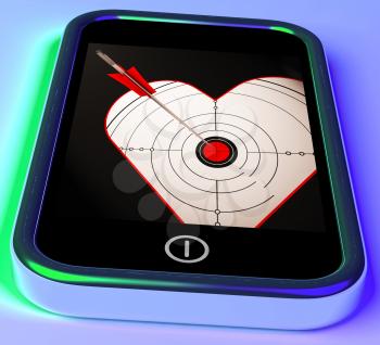 Target Heart On Smartphone Showing Love Shot Or Cupid Arrow