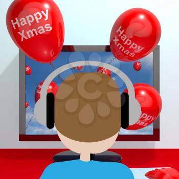 Red Balloons With Happy Xmas From Computer Screen 3d Illustration