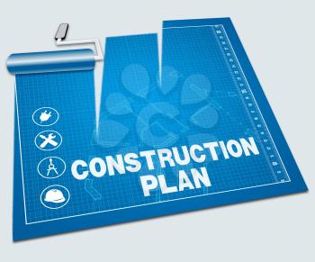 Construction Plan Paint Roller Shows Building Blueprint 3d Illustration