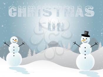 Christmas Fun Snowmen Scene Shows Joy At Xmas 3d Illustration
