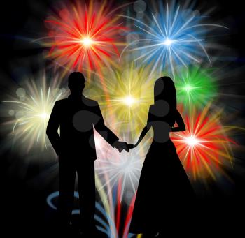 Couple Silhouette In Front Of Fireworks Romantic Celebration