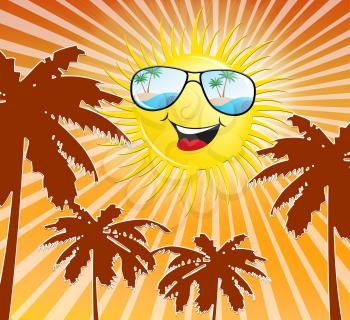 Smiling Sun And Palm Trees Showing Hot Weather 3d Illustration
