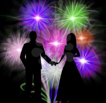 Couple Silhouette In Front Of Fireworks Display Romantic Celebration