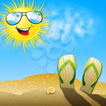 Beautiful Beach Shows Smiling Sun And Beach Shoes 3d Illustration