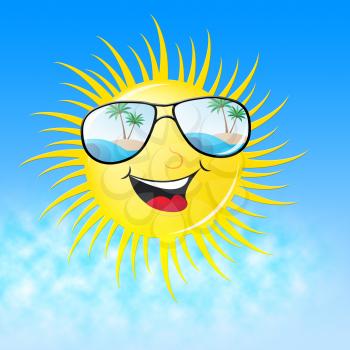 Summer Sun With Sunglasses Smiling Shows Heat And Warmth