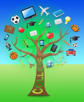 College Tree With Icons Shows Study And Studying 3d Illustration