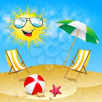Beautiful Beach Smiling Sun Shows Summer Sea 3d Illustration