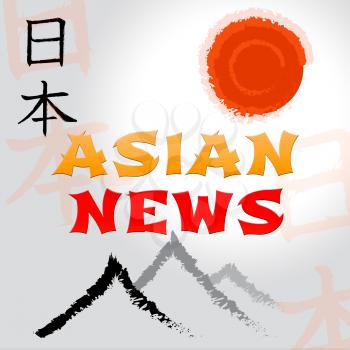 Asian News Mountain And Sun Symbols Shows Oriental Current Events Media