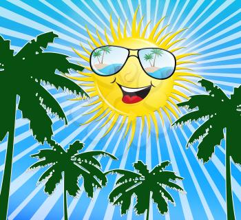 Smiling Sun And Palm Trees Shows Tropical Vacation 3d Illustration
