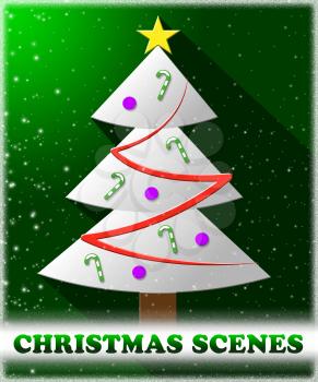 Christmas Scenes Tree Means Xmas Scene 3d Illustration