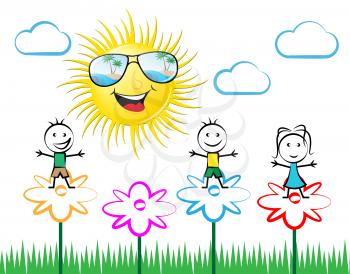 Kids On Flowers And Sunshine With Sunglasses 3d Illustration