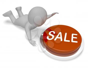 Sale Character Pushing Button Indicates Discount Promo 3d Rendering
