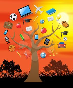 Knowledge Tree With Icons Shows Education Wisdom 3d Illustration
