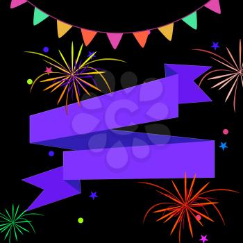 Blank Ribbon And Fireworks Showing Invitation With Copyspace 3d Illustration