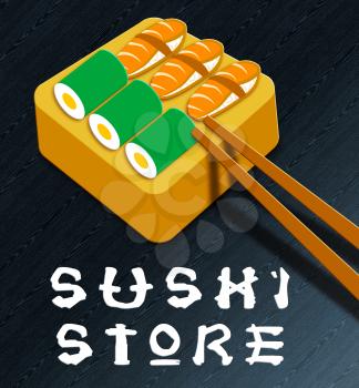 Sushi Store Assortment Showing Japan Cuisine 3d Illustration