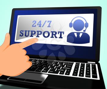 Twenty Four Seven Support Laptop Indicating  Asistance 3d Illustration