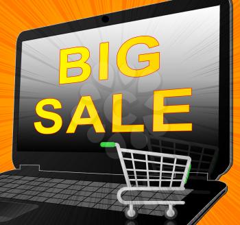 Big Sale Laptop And Shopping Cart Showing Massive Discounts 3d Rendering