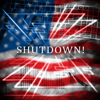 Usa Shutdown Flag Political Government Shut Down Means National Furlough. Senate And President In Washington DC Create Closure