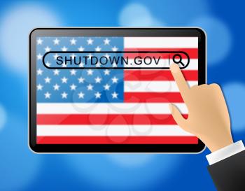 Usa Shutdown Tablet Political Government Shut Down Means National Furlough. Senate And President In Washington DC Create Closure