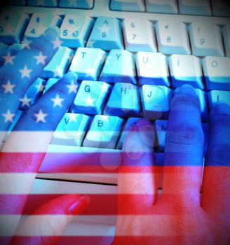 Programmer Typing And Russia Usa Flags Shows Hacking