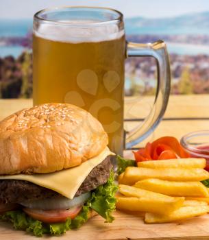 Beer With Burger Representing Burgers Alcohol And Alcoholism