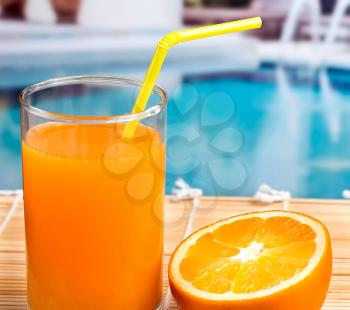Orange Juice Squeezed Showing Drink By Pool And Drink By Pool
