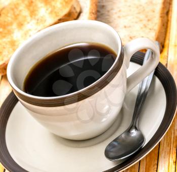 Morning Black Coffee Representing Piece Drinks And Bread