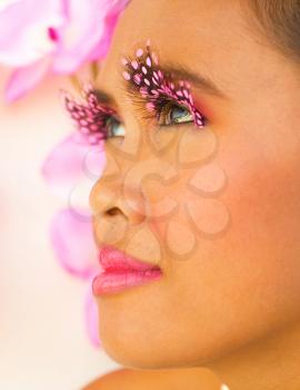 Girl With Pink Eyelashes Showing Health And Beauty
