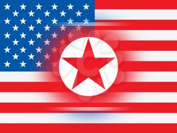 North Korean And American Flag 3d Illustration. Shows The Conflict Or Peace And Friendship Between NK And Usa
