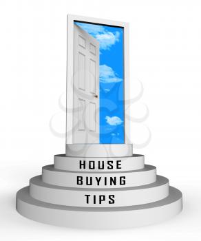 House Buying Advice Tips Doorway Portrays Hints On Purchasing Property. Help And Success Negotiating Real Estate Ownership - 3d Illustration