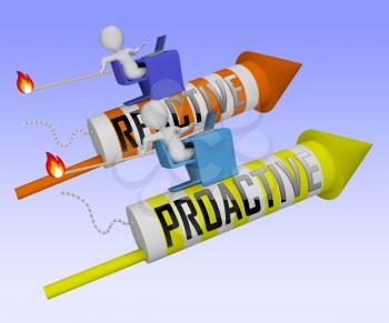 Proactive Vs Reactive Rocket Representing Taking Aggressive Initiative Or Reacting. Taking Charge Versus Late Action - 3d Illustration