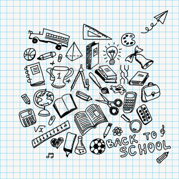 Back to school vector illustration with hand drawn school supplies doodles