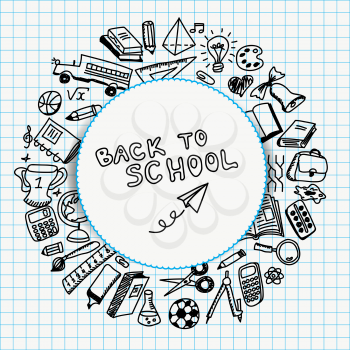 School supplies drawn in sketch style, back to school vector illustration