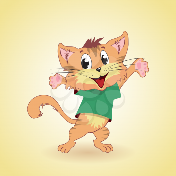 Happy cartoon cat in welcoming pose, vector illustration