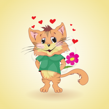 Cartoon cat in love, hiding a flower, vector illustration