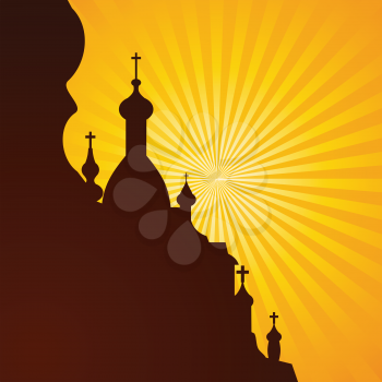 Spires of a church in silhouette on the bright background, vector illustration