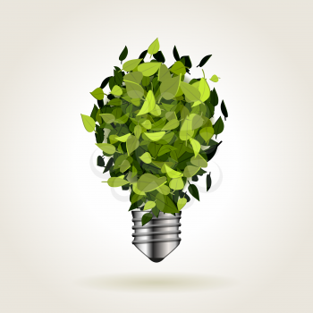 Light bulb icon made of green leaves, abstract vector illustration