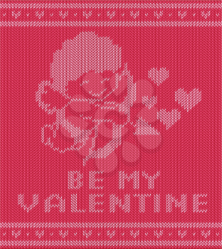 Valentine day knitting pattern with cupidon, vector illustration