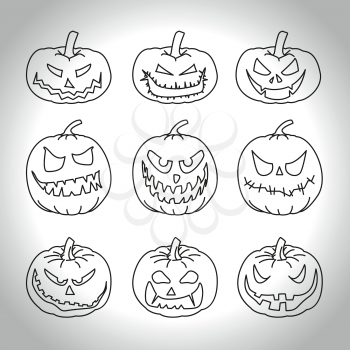 Flat line halloween pumpkins set, vector illustration